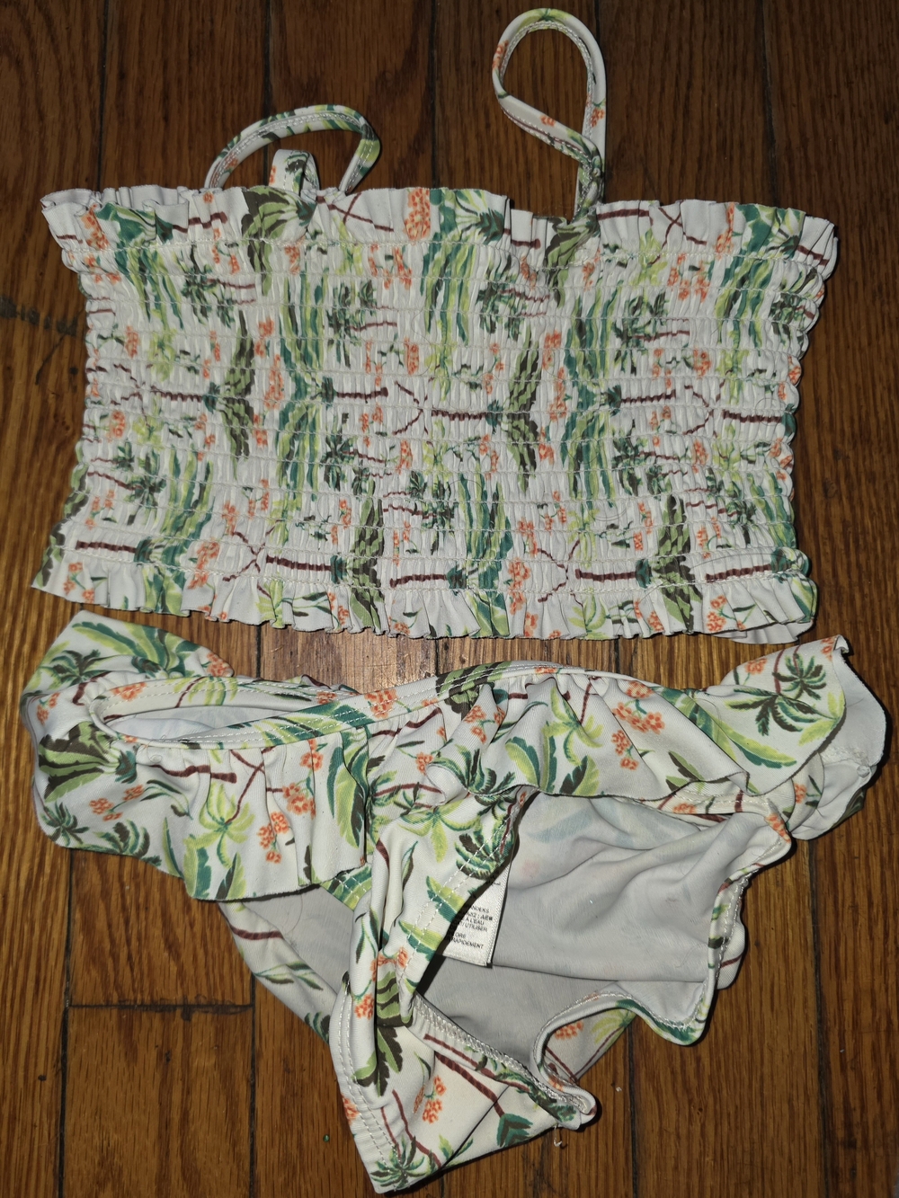 Old Navy Floral Smocked Girls' Bikini Set in White, Green, and Coral